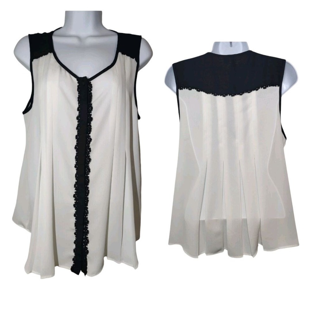 Elle Cream Black Pleated Sleeveless Color-Block Button Up Semi-Sheer Blouse M